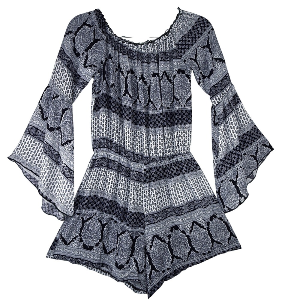 Banana Lemon Navy Blue White Paisley Bell Sleeve Off Shoulder Romper Boho
